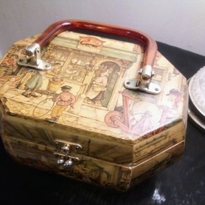 Antique Vintage Anton Pieck Deoupage Octagone Wooden Purse